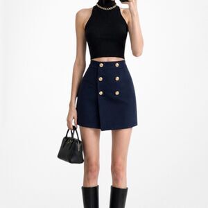 Zara High Waisted Navy Blue Button Front A-Line Wrap Mini Skirt Size XS/S